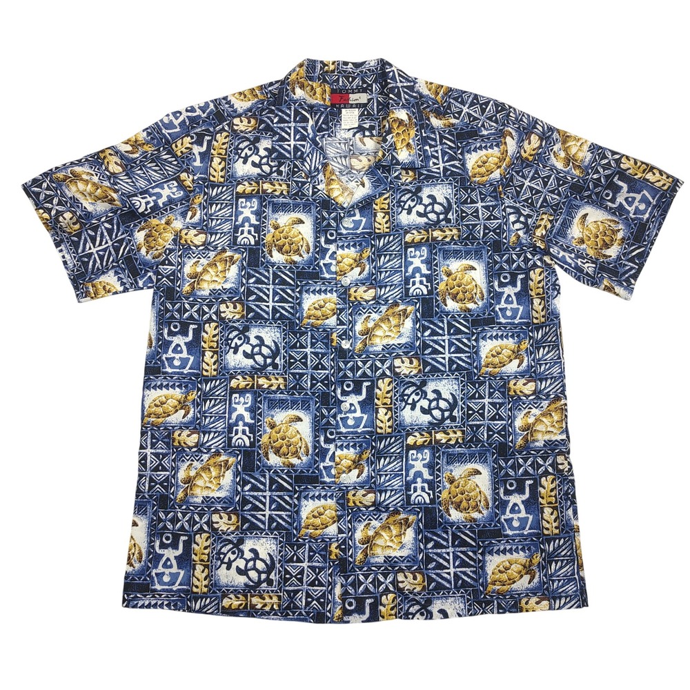 Tommy Fashion Hawaii Shirt Mens XL Blue Sea Turtle Tribal Print Cotton Blend